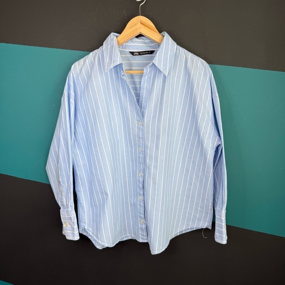 Zara Light Blue and White Striped Shirt 100% Cotton - Picture 2 of 9